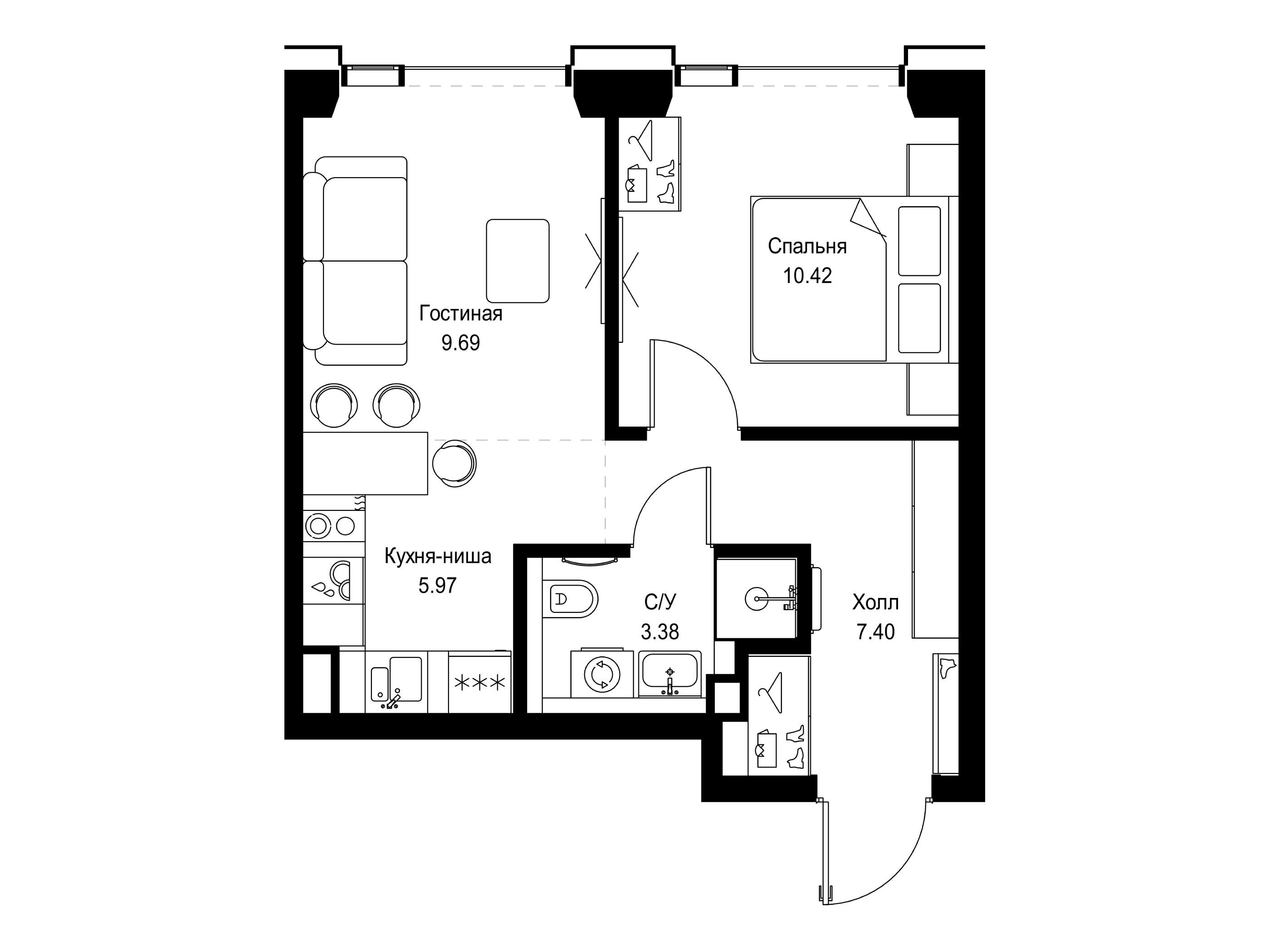 Планировка: 1-комн. квартира 36.86 м² в новостройке Сет