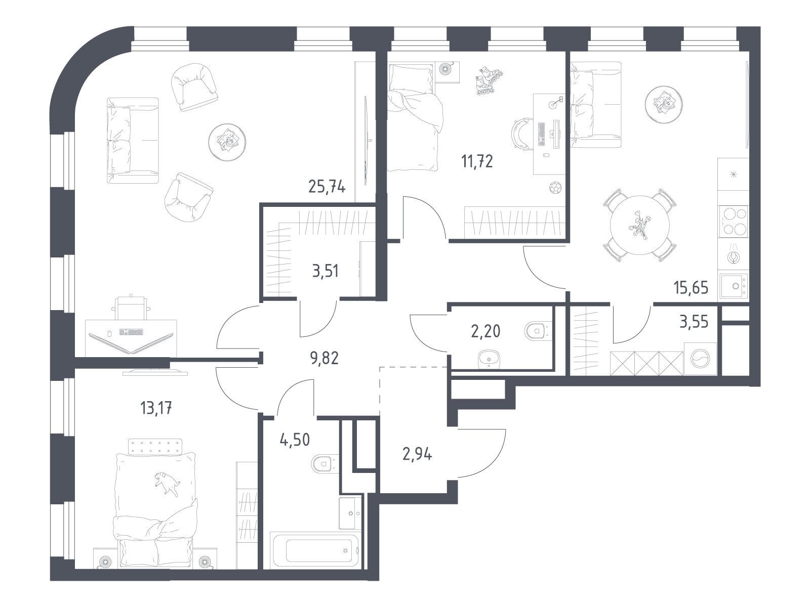 Планировка: 3-комн. квартира 92.80 м² в новостройке Квартал на воде