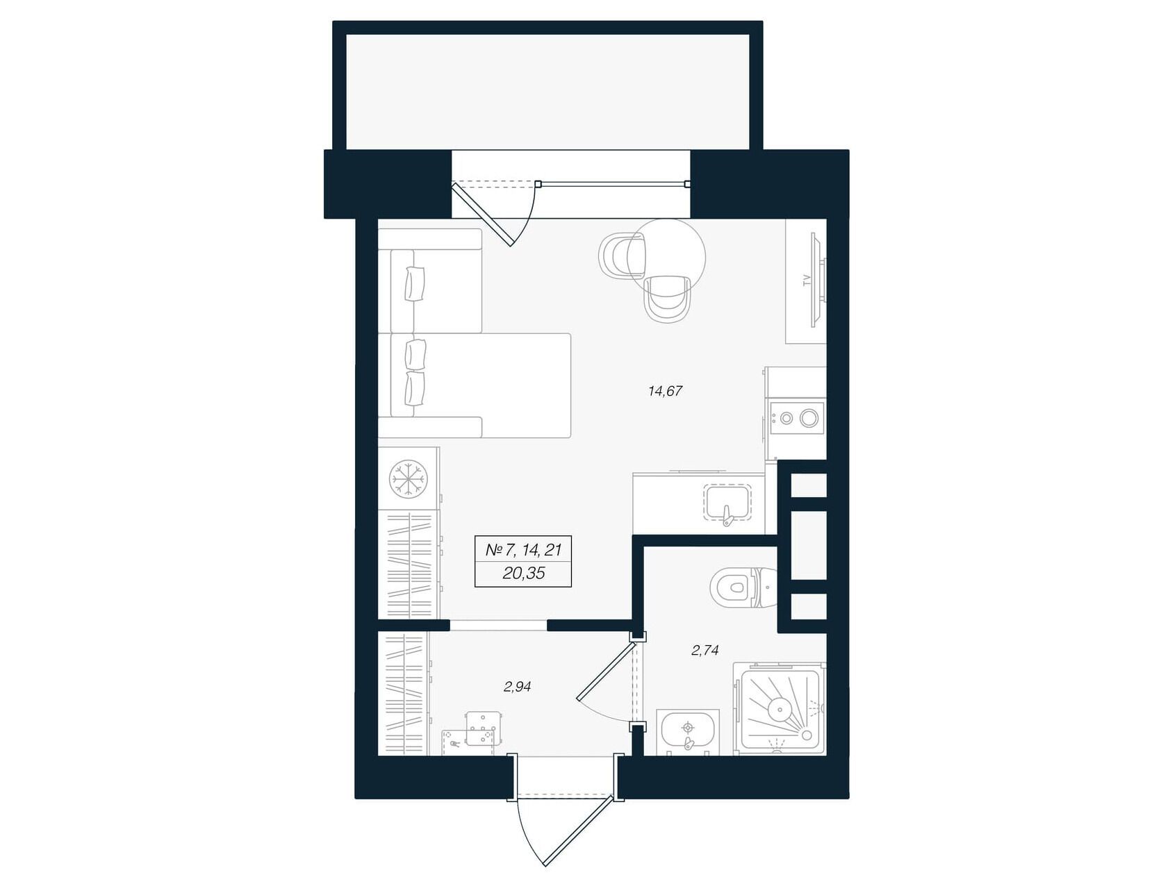 Планировка: Студия 21.58 м² в новостройке Феникс Рощино