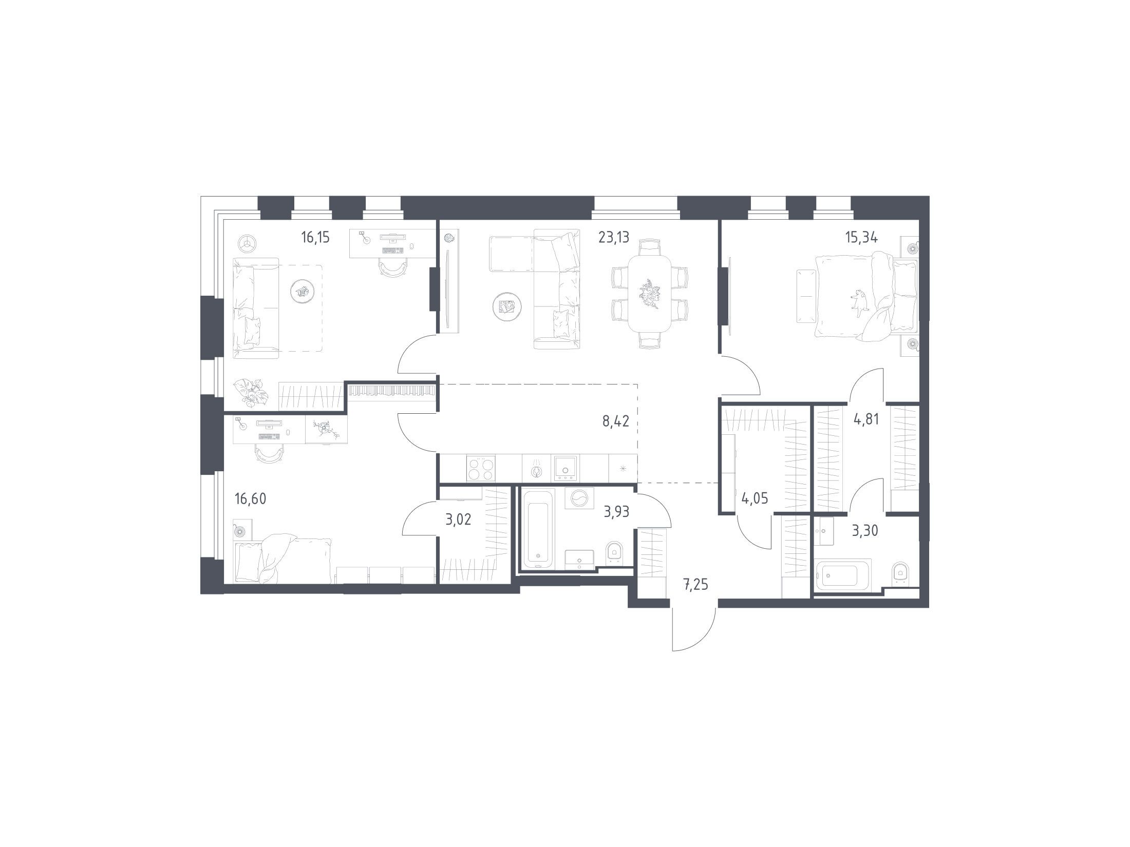 Планировка: 3-комн. квартира 106.00 м² в новостройке Заречье Парк