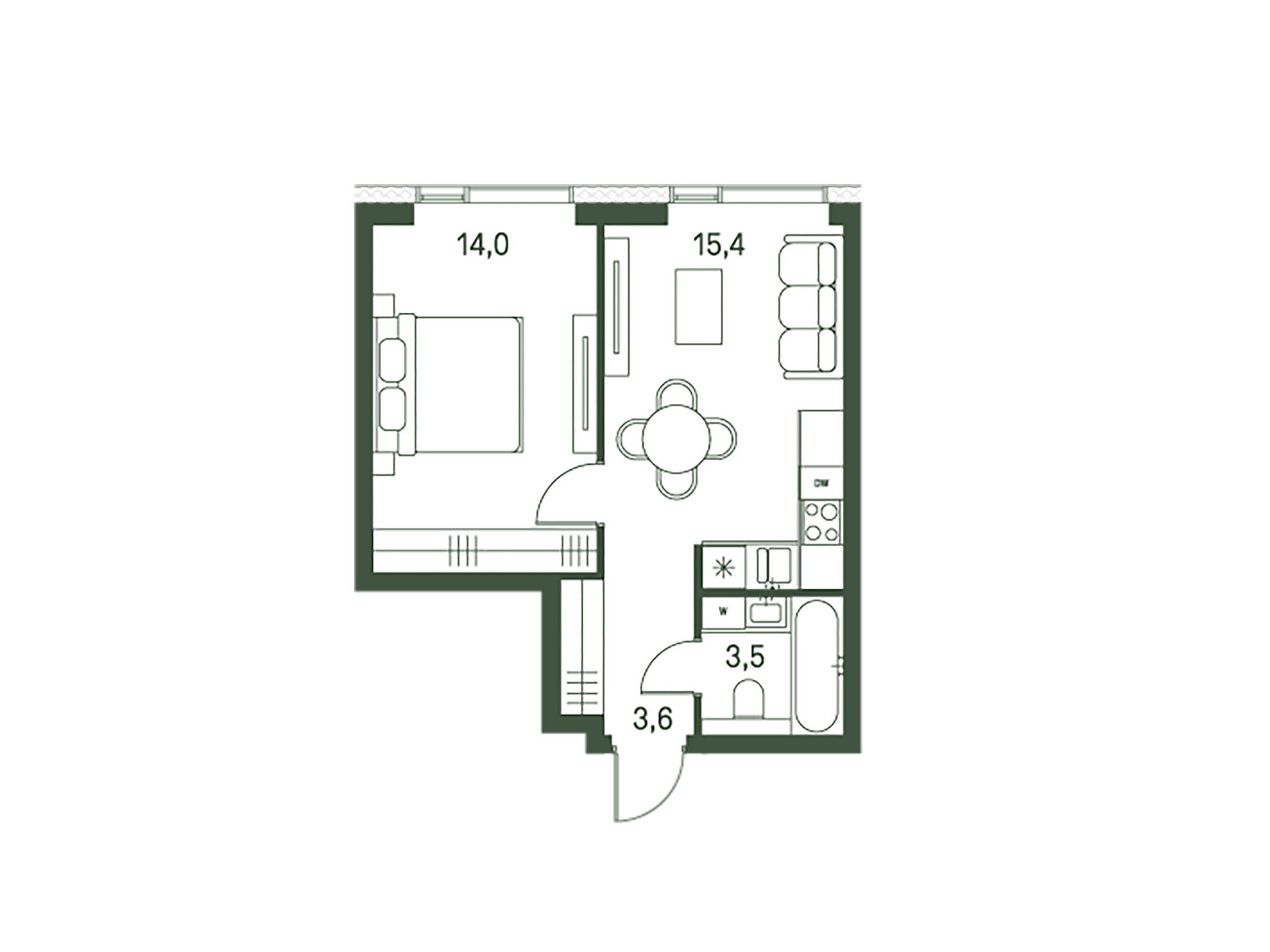 Планировка: 1-комн. квартира 36.50 м² в новостройке ЖК Моментс