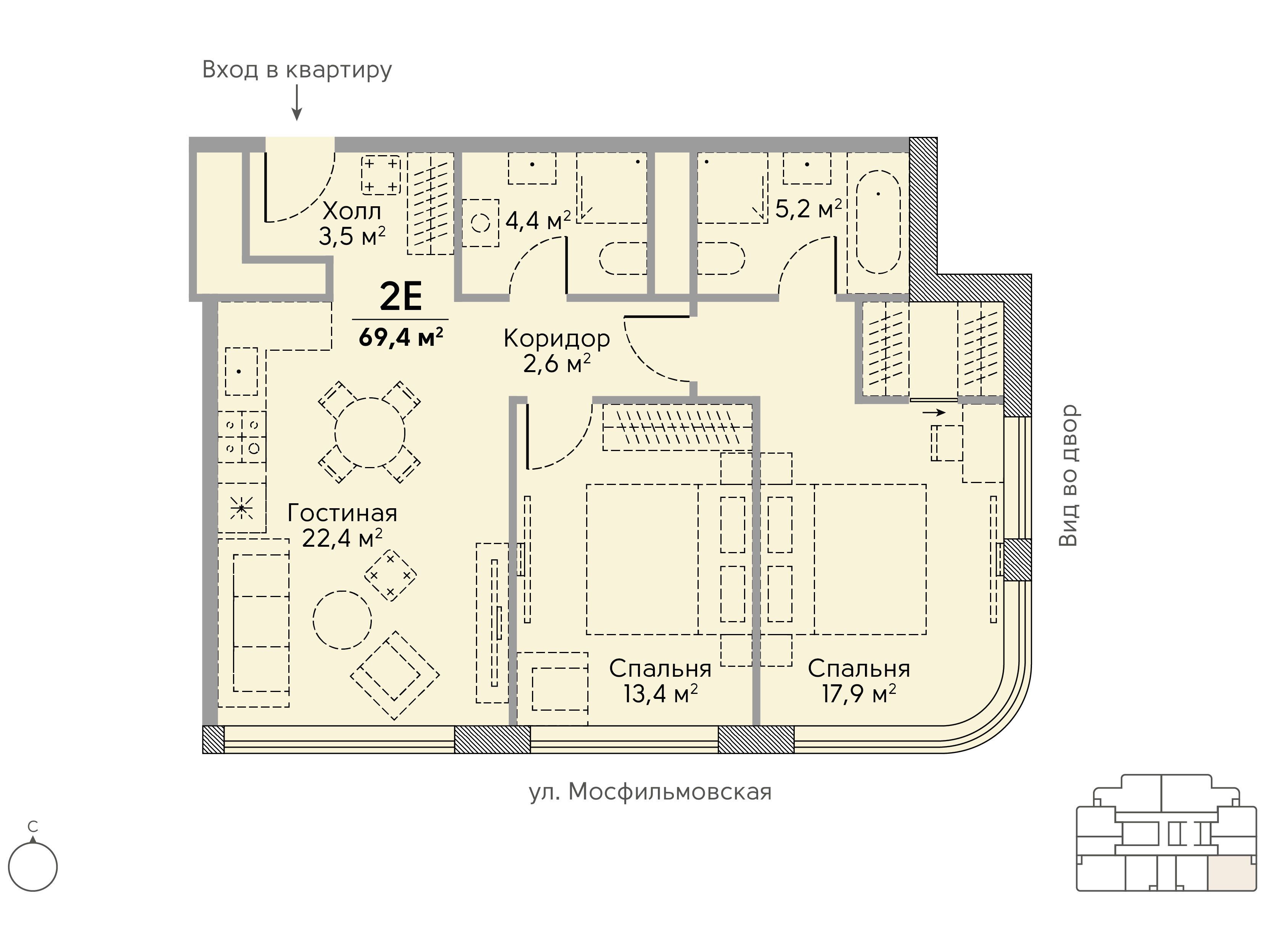 Планировка: 2-комн. квартира 70.00 м² в новостройке Сторис на Мосфильмовской