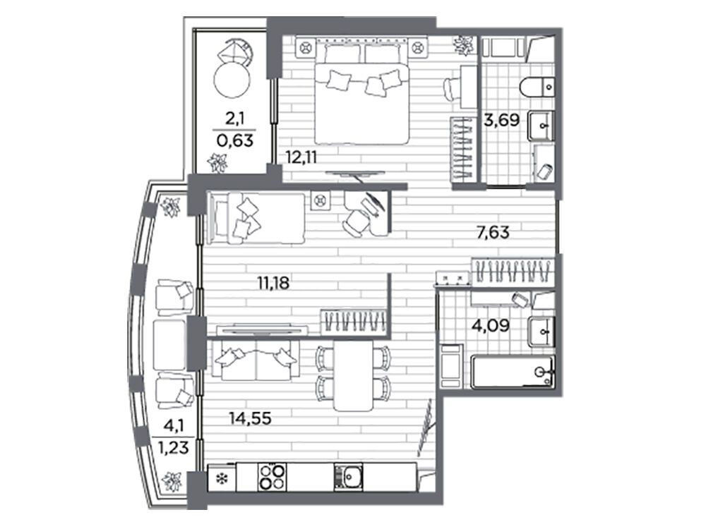 Планировка: 2-комн. квартира 55.11 м² в новостройке Респект