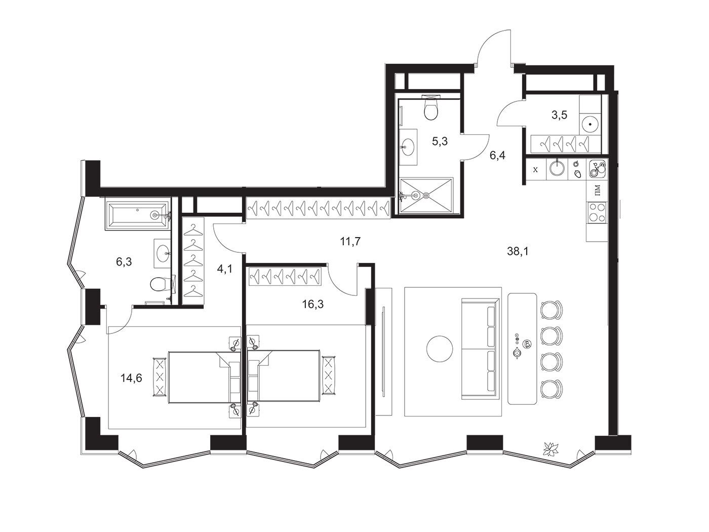 Планировка: 2-комн. квартира 106.30 м² в новостройке А.Резиденс