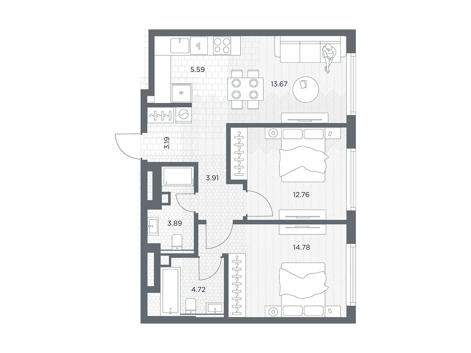 Планировка: 2-комн. квартира 62.51 м² в новостройке Тейт