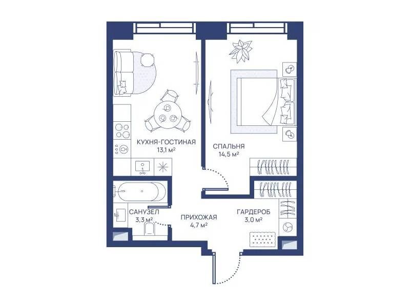 Планировка: 1-комн. квартира 38.60 м² в новостройке Свет