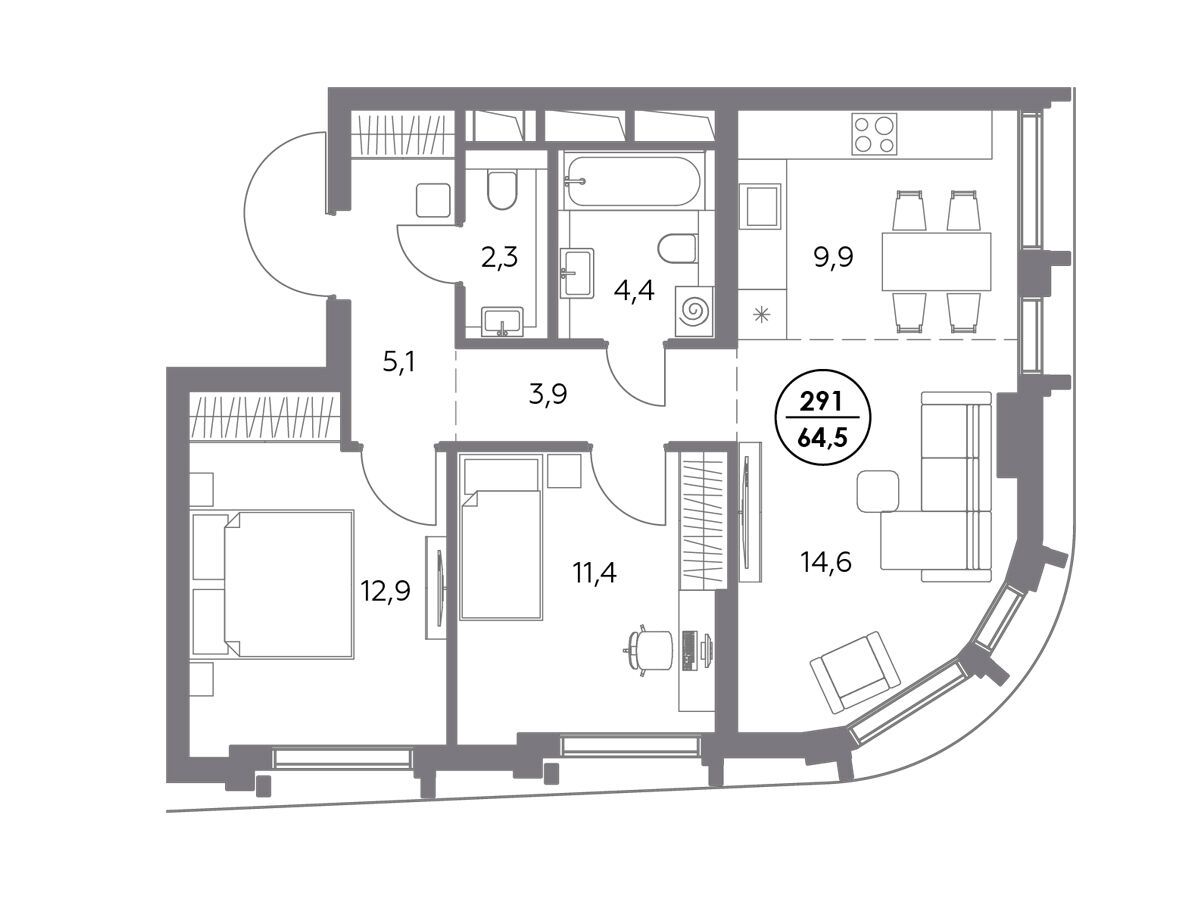 Планировка: 2-комн. квартира 64.50 м² в новостройке Дом 56