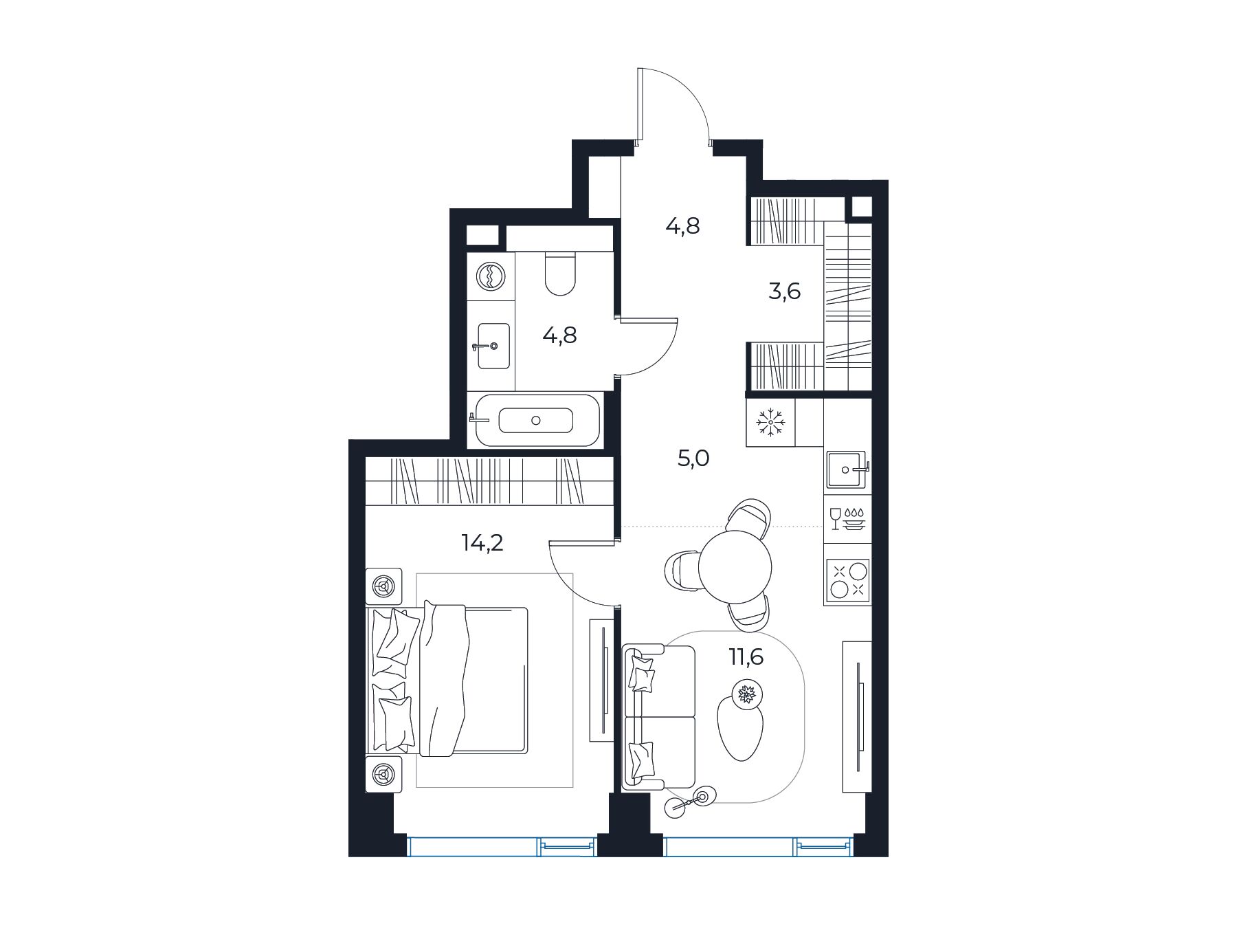 Планировка: 1-комн. квартира 44.00 м² в новостройке Мастерс