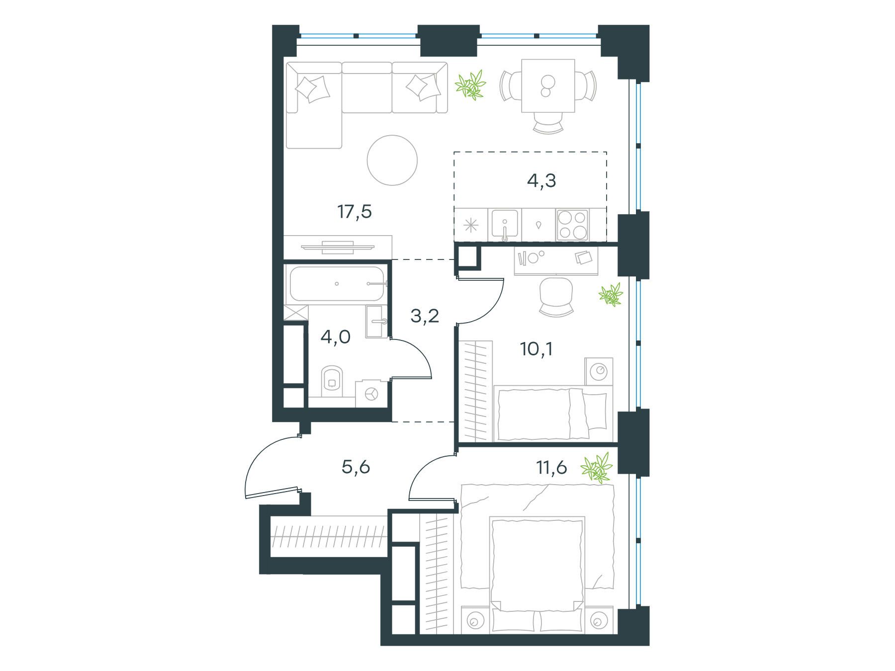 Планировка: 3-комн. квартира 56.30 м² в новостройке Левел Звенигородская