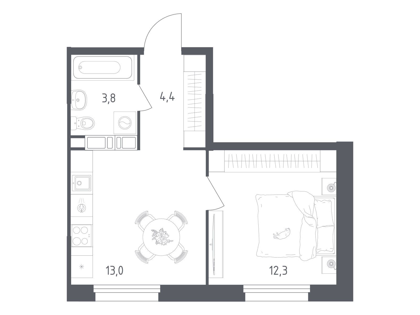 Планировка: 1-комн. квартира 33.50 м² в новостройке Ольховый Квартал