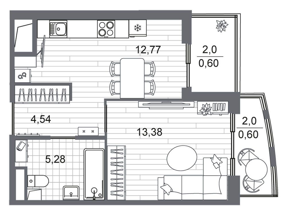 Планировка: 1-комн. квартира 37.17 м² в новостройке Респект
