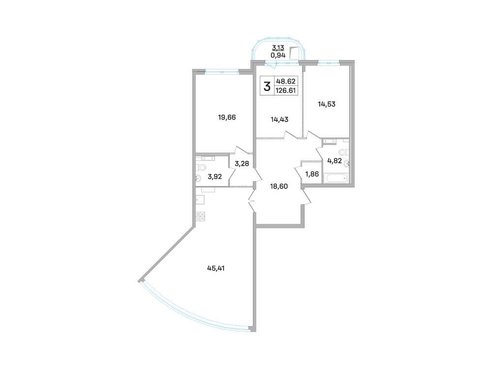 Планировка: 3-комн. квартира 124.00 м² в новостройке Дом-Мегалит в Королеве