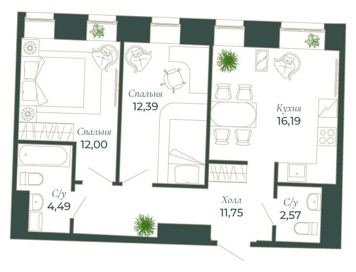 Планировка: 2-комн. квартира 61.40 м² в новостройке Мадонна Бенуа