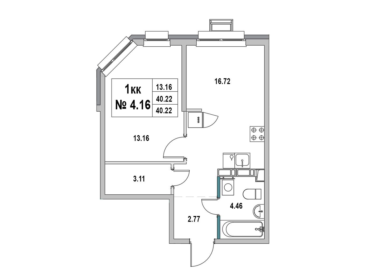Планировка: 1-комн. квартира 40.22 м² в новостройке Новый город