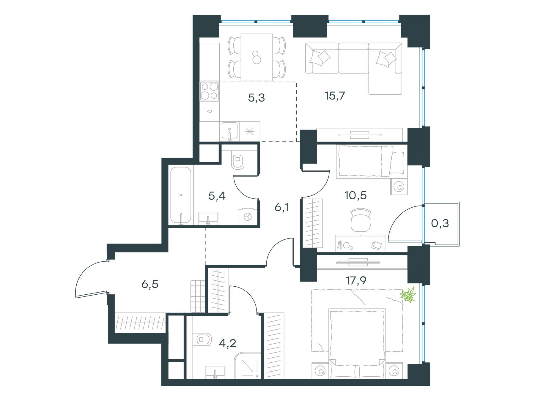 Планировка: 3-комн. квартира 71.90 м² в новостройке Левел Звенигородская