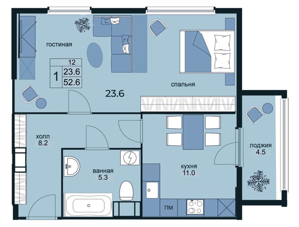 Планировка: 1-комн. квартира 52.60 м² в новостройке Вингс на Крыленко