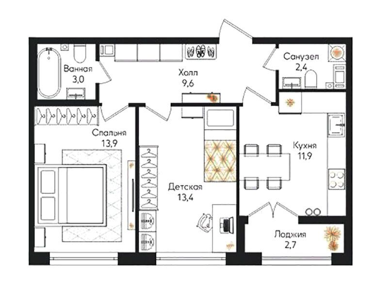 Планировка: 2-комн. квартира 57.10 м² в новостройке Кронунг Юг
