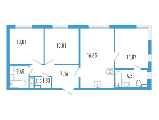 Планировка: 3-комн. квартира 63.99 м² в новостройке Аэросити