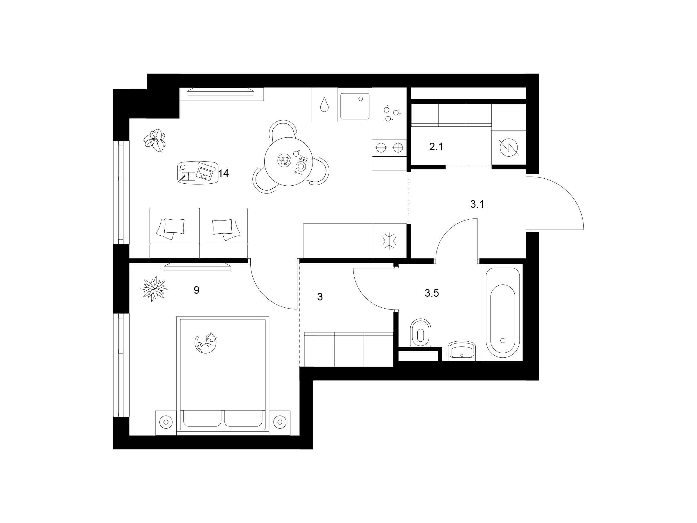Планировка: 1-комн. квартира 34.70 м² в новостройке Середневский лес