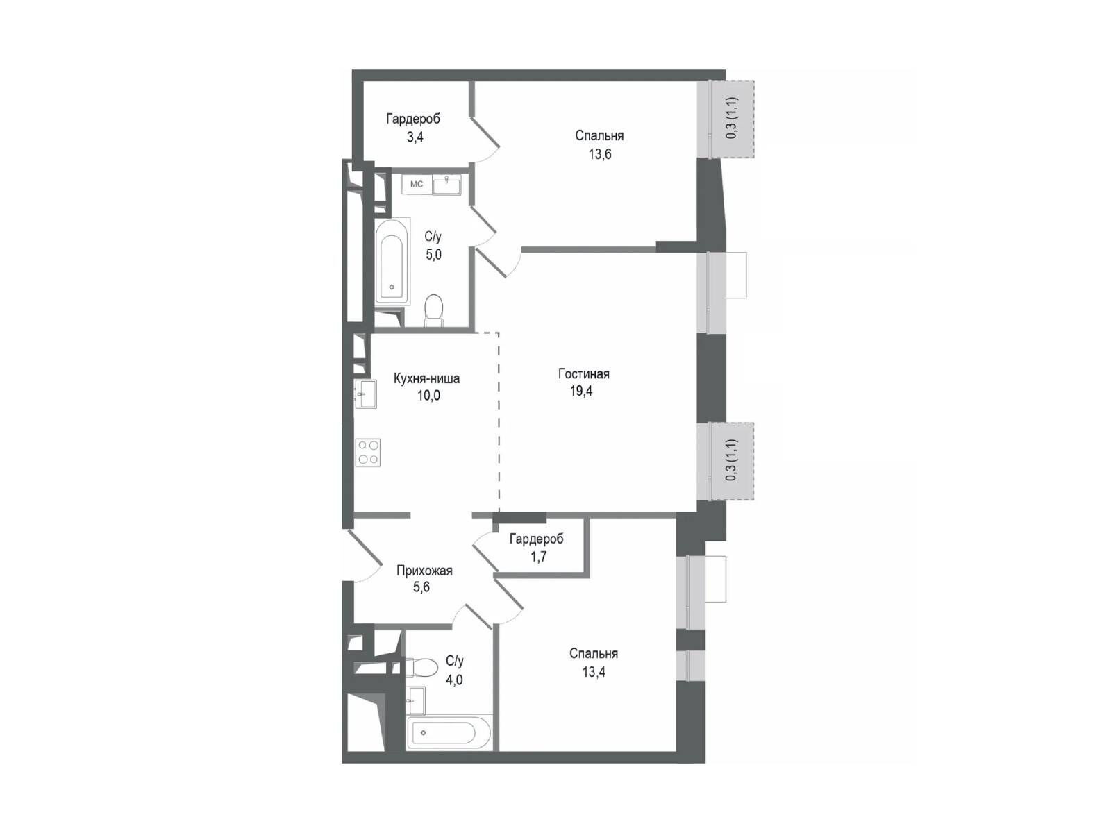 Планировка: 3-комн. квартира 76.10 м² в новостройке Киноквартал