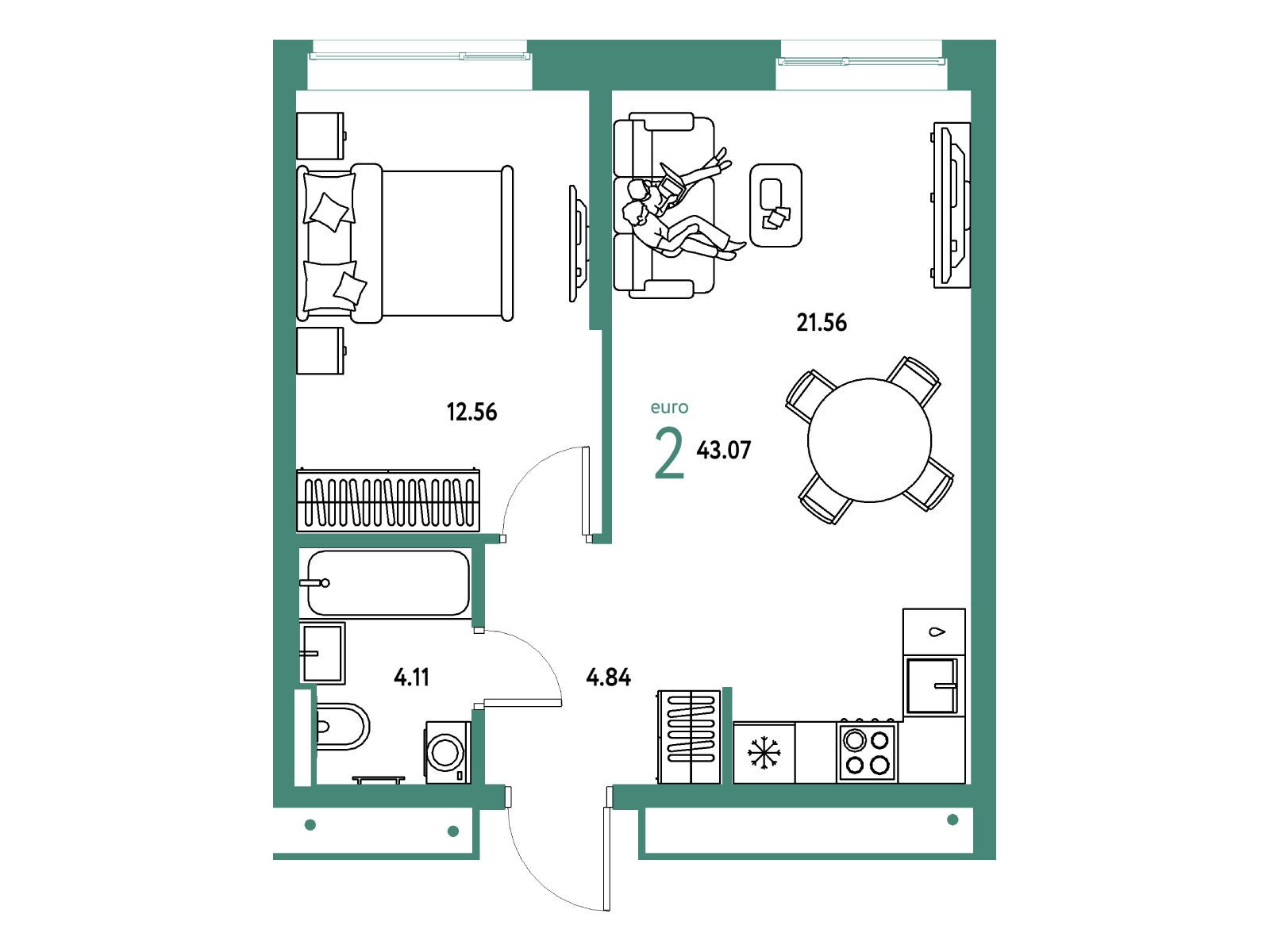 Планировка: 2-комн. квартира 43.07 м² в новостройке Страна Парковая