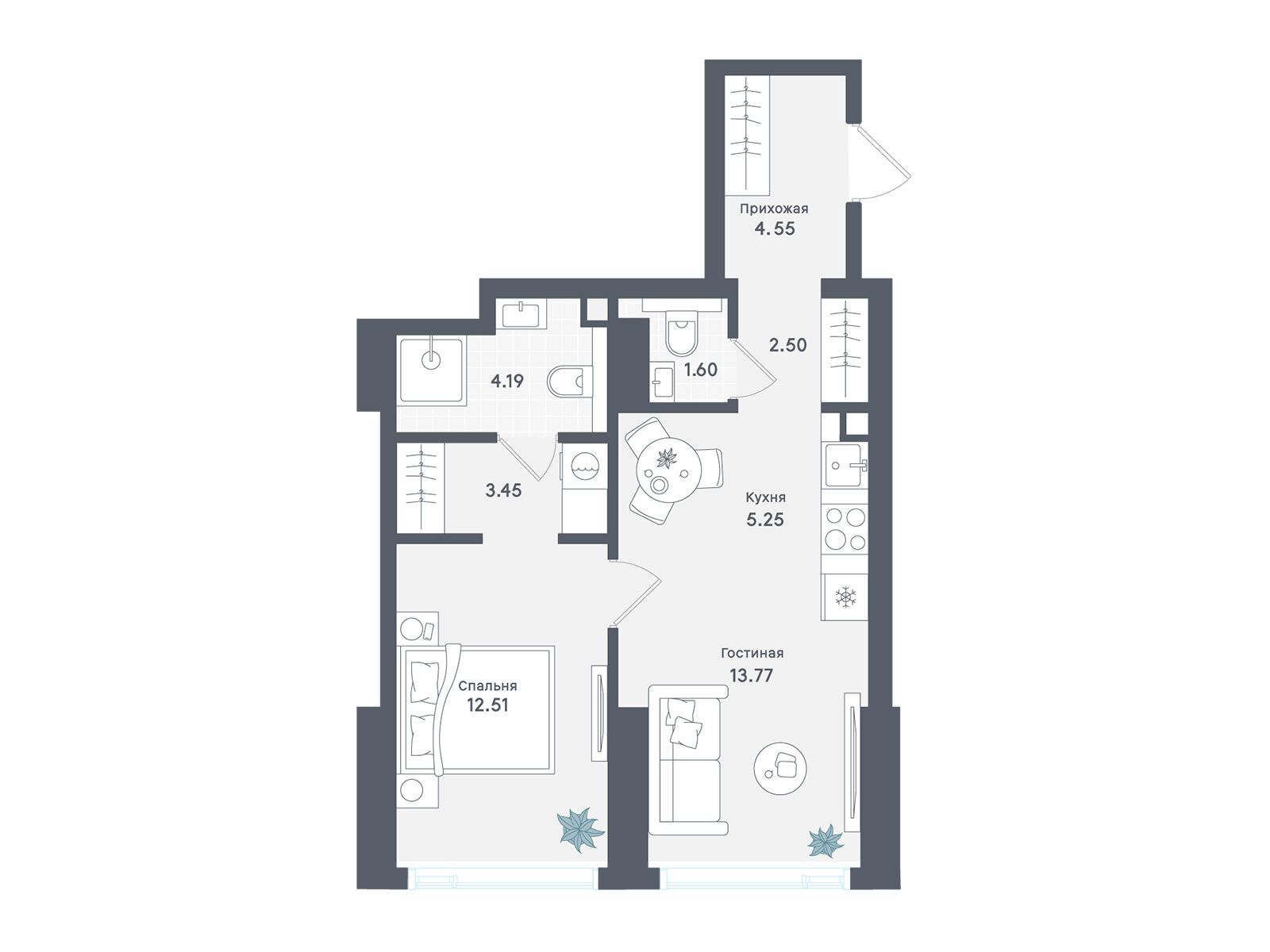 Планировка: 1-комн. квартира 47.82 м² в новостройке ЖК Солос