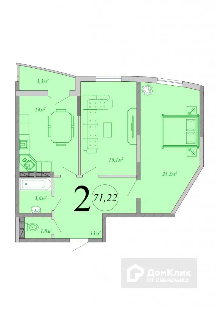 Планировка: 2-комн. квартира 71.22 м² в новостройке Радонеж