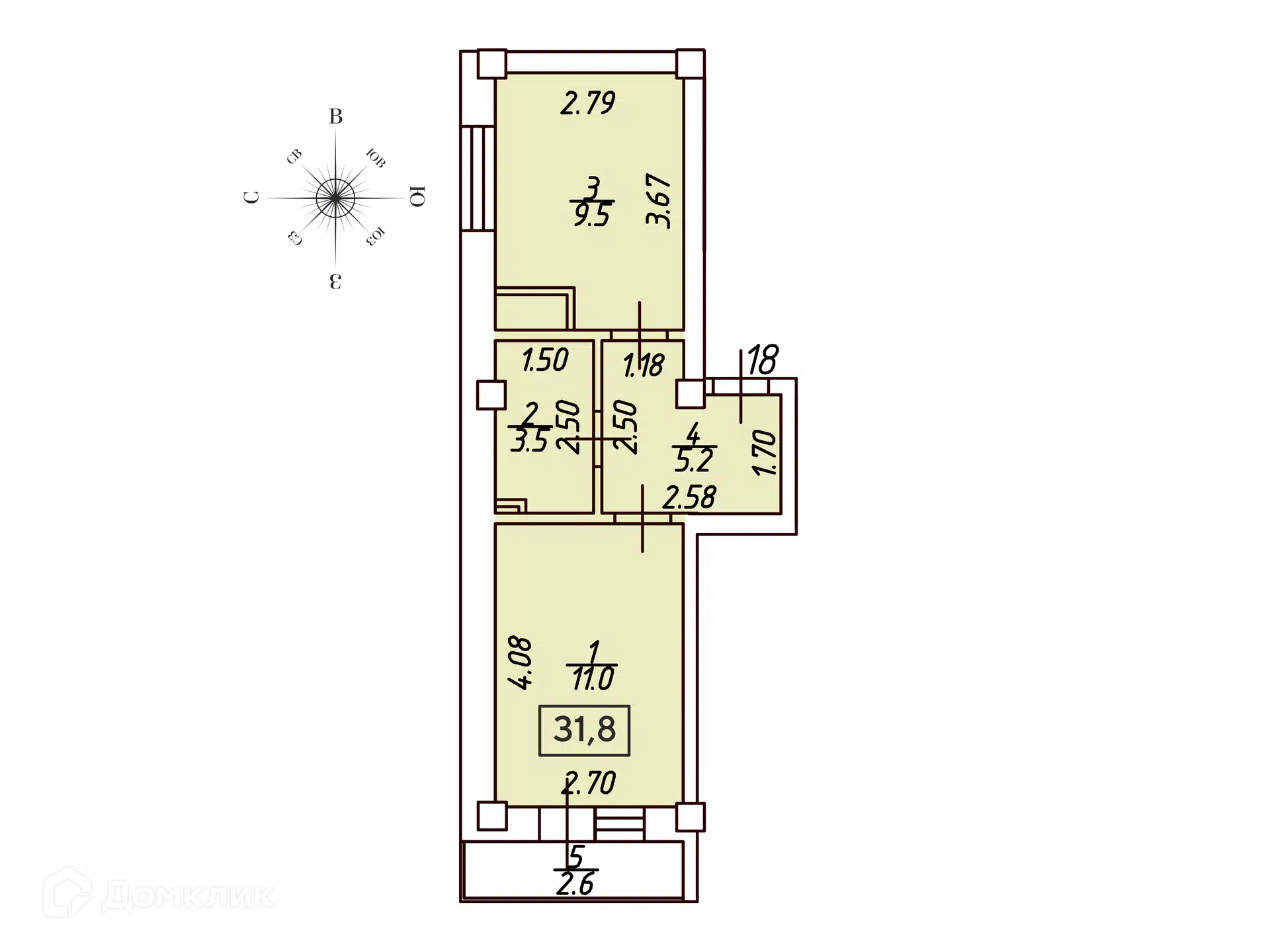 Планировка: 1-комн. квартира 31.80 м² в новостройке Кленовая роща