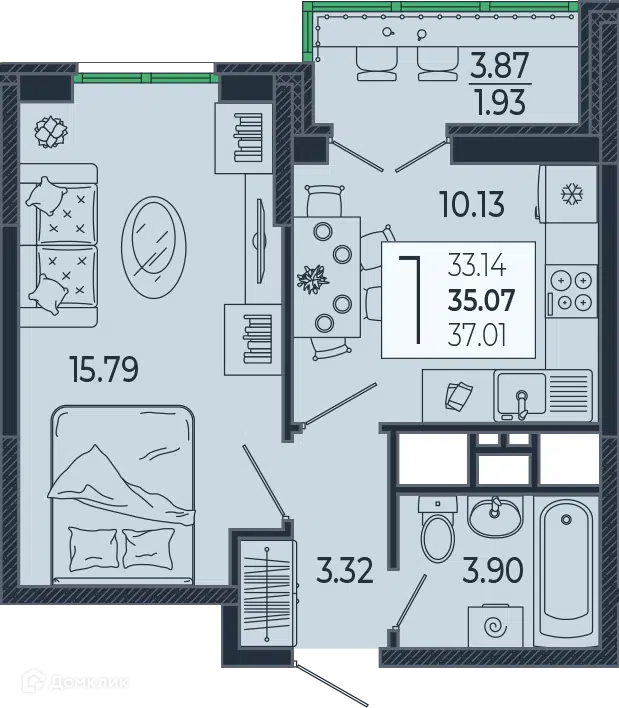 Планировка: 1-комн. квартира 35.15 м² в новостройке Эстет