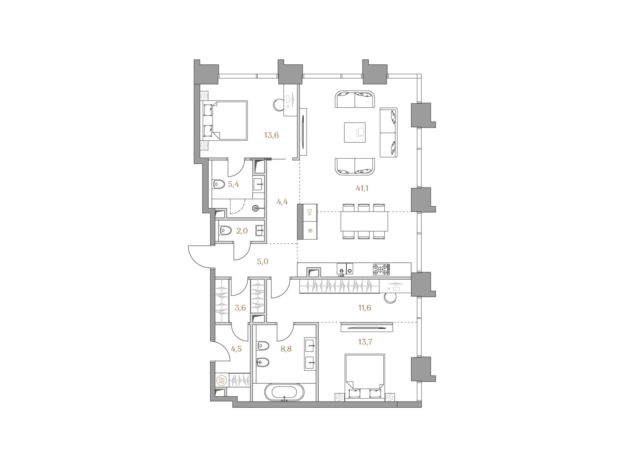 Планировка: 2-комн. квартира 113.70 м² в новостройке Коллекция Лужники