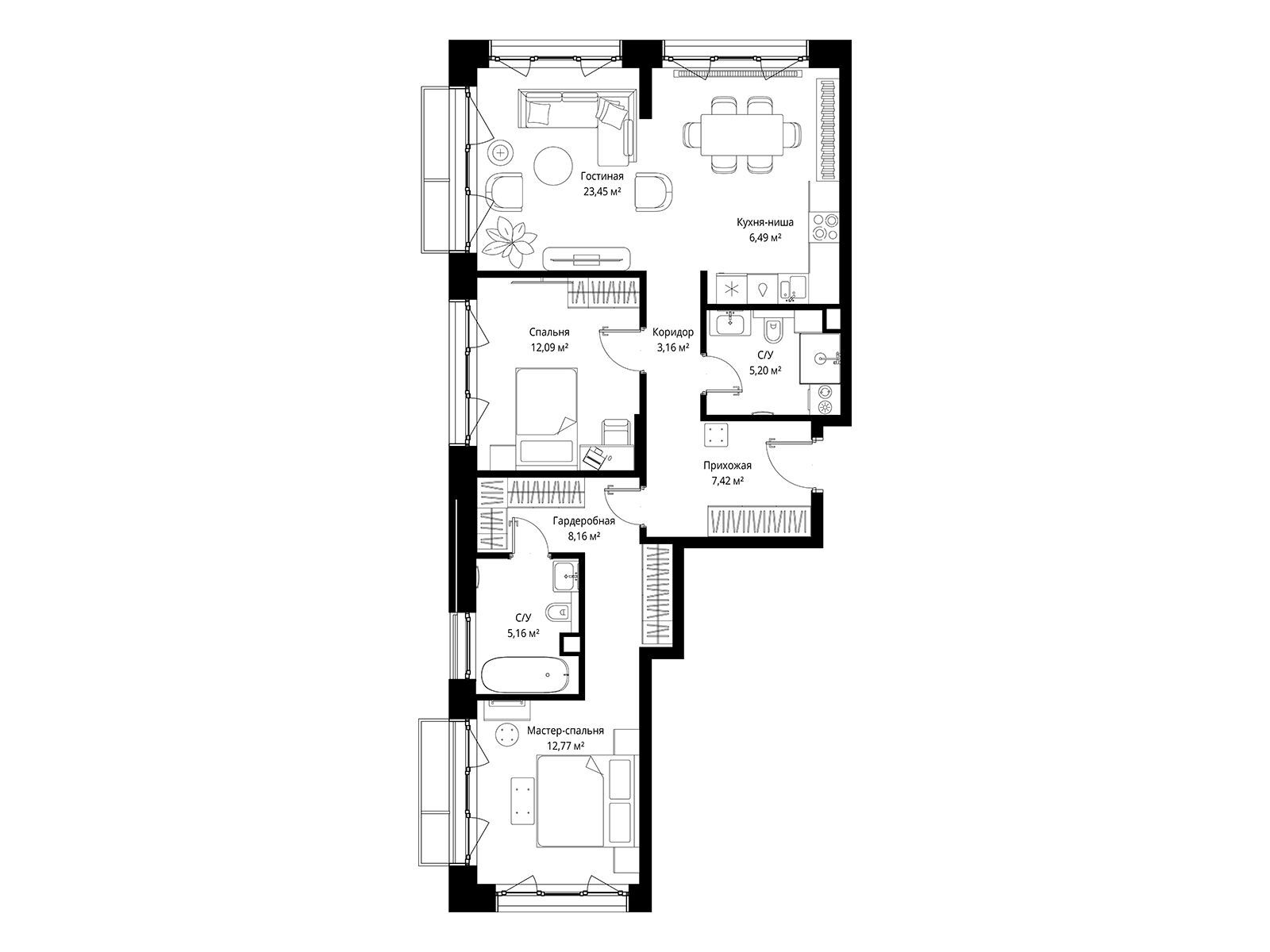 Планировка: 2-комн. квартира 83.90 м² в новостройке Мыс