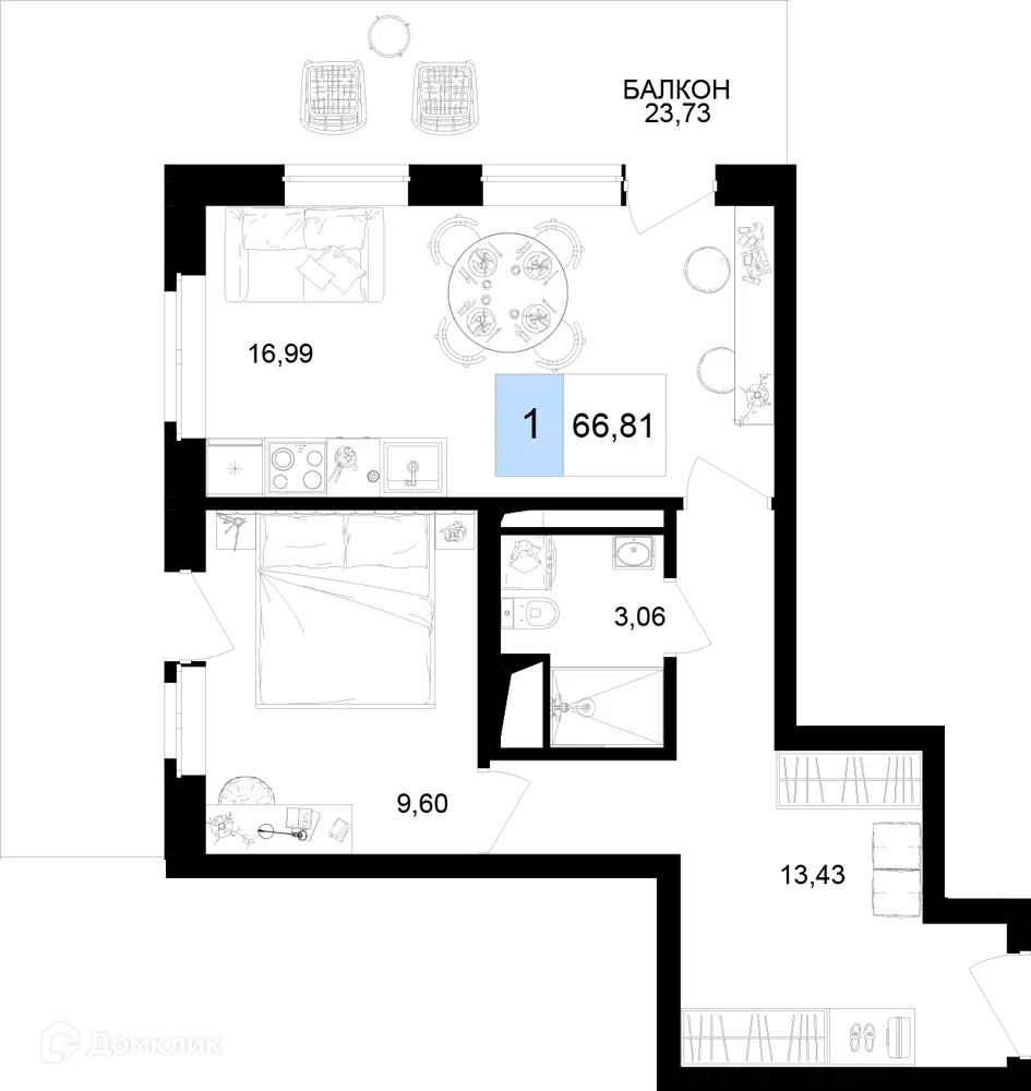 Планировка: 1-комн. квартира 66.81 м² в новостройке Корсаков