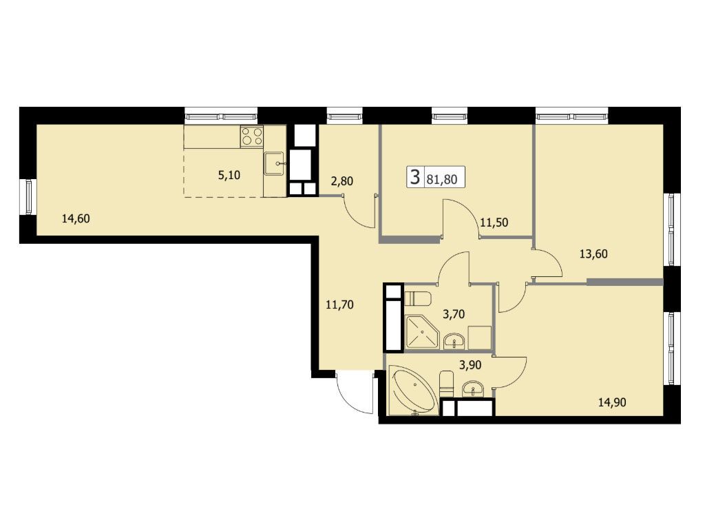 Планировка: 3-комнатная квартира 81.80 м² в новостройке Парковый квартал Селф