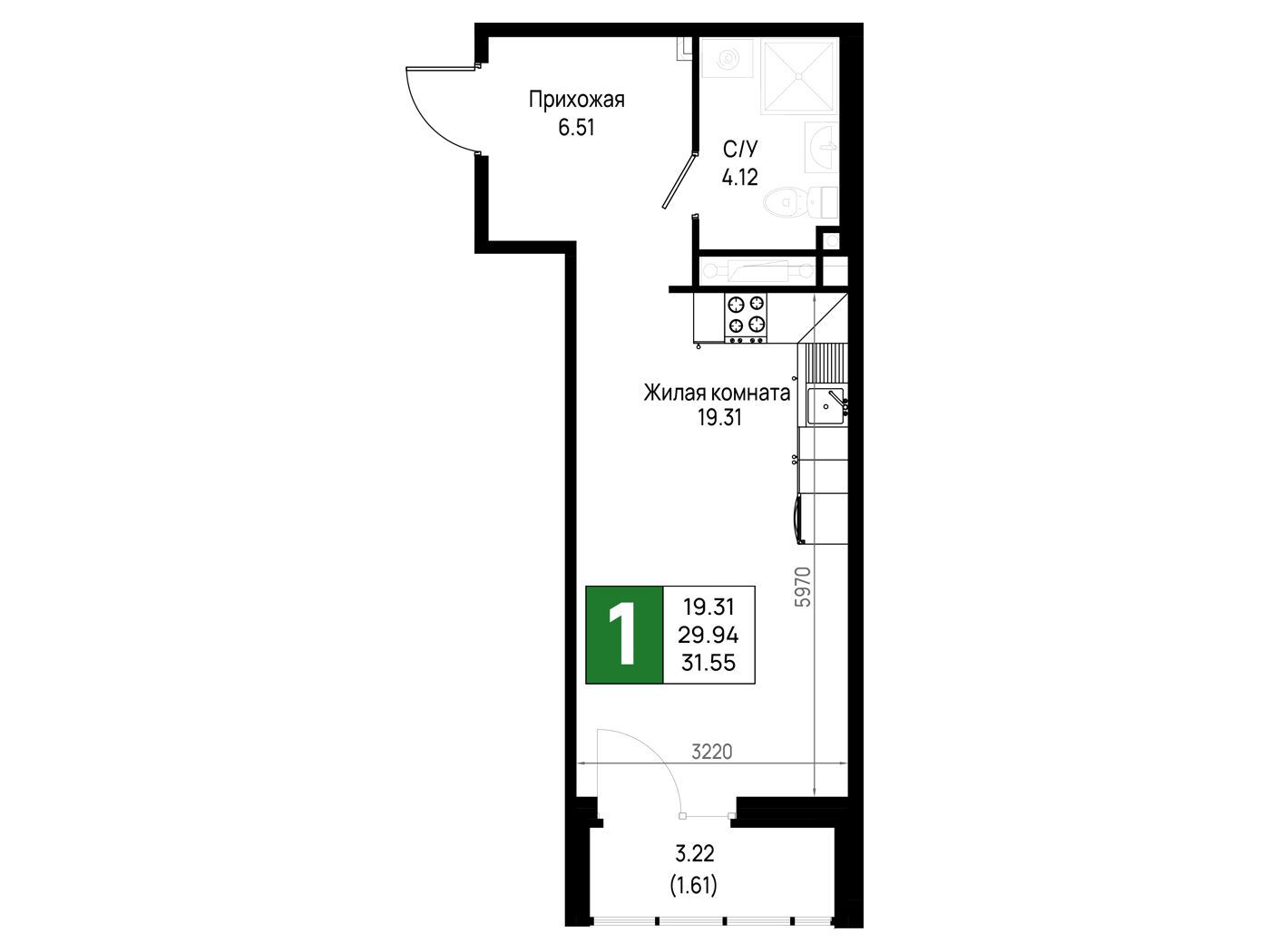 Планировка: 1-комн. квартира 31.55 м² в новостройке Имена