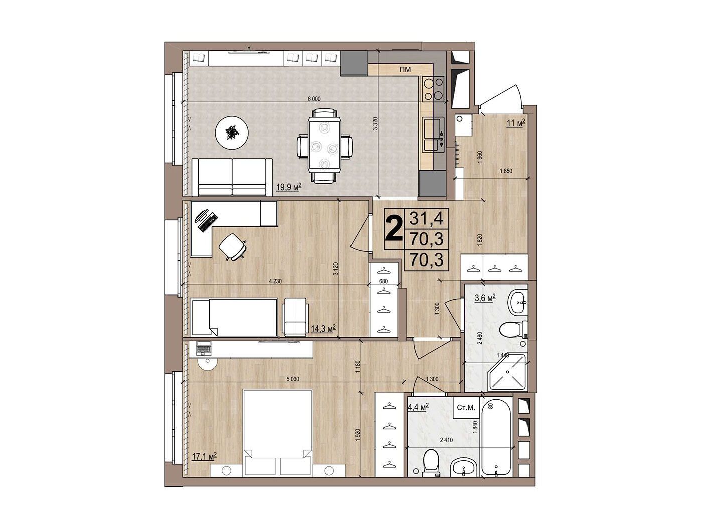 Планировка: 2-комн. квартира 70.30 м² в новостройке Гранд Комфорт