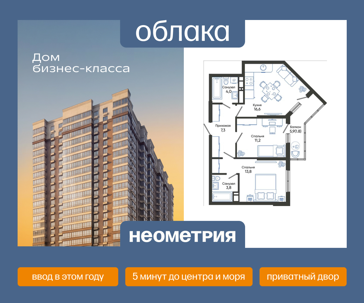 Планировка: 2-комн. квартира 58.50 м² в новостройке Облака