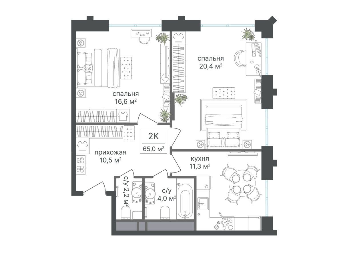 Планировка: 2-комн. квартира 65.00 м² в новостройке Варшавские ворота