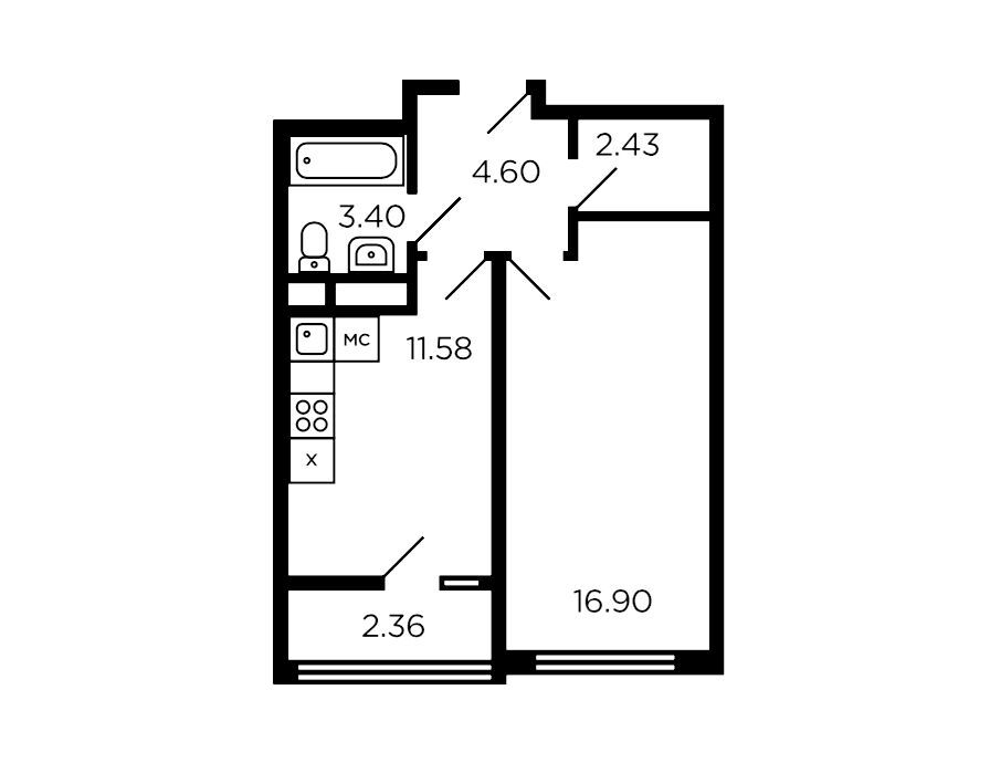 Планировка: 1-комн. квартира 41.00 м² в новостройке Рафинад