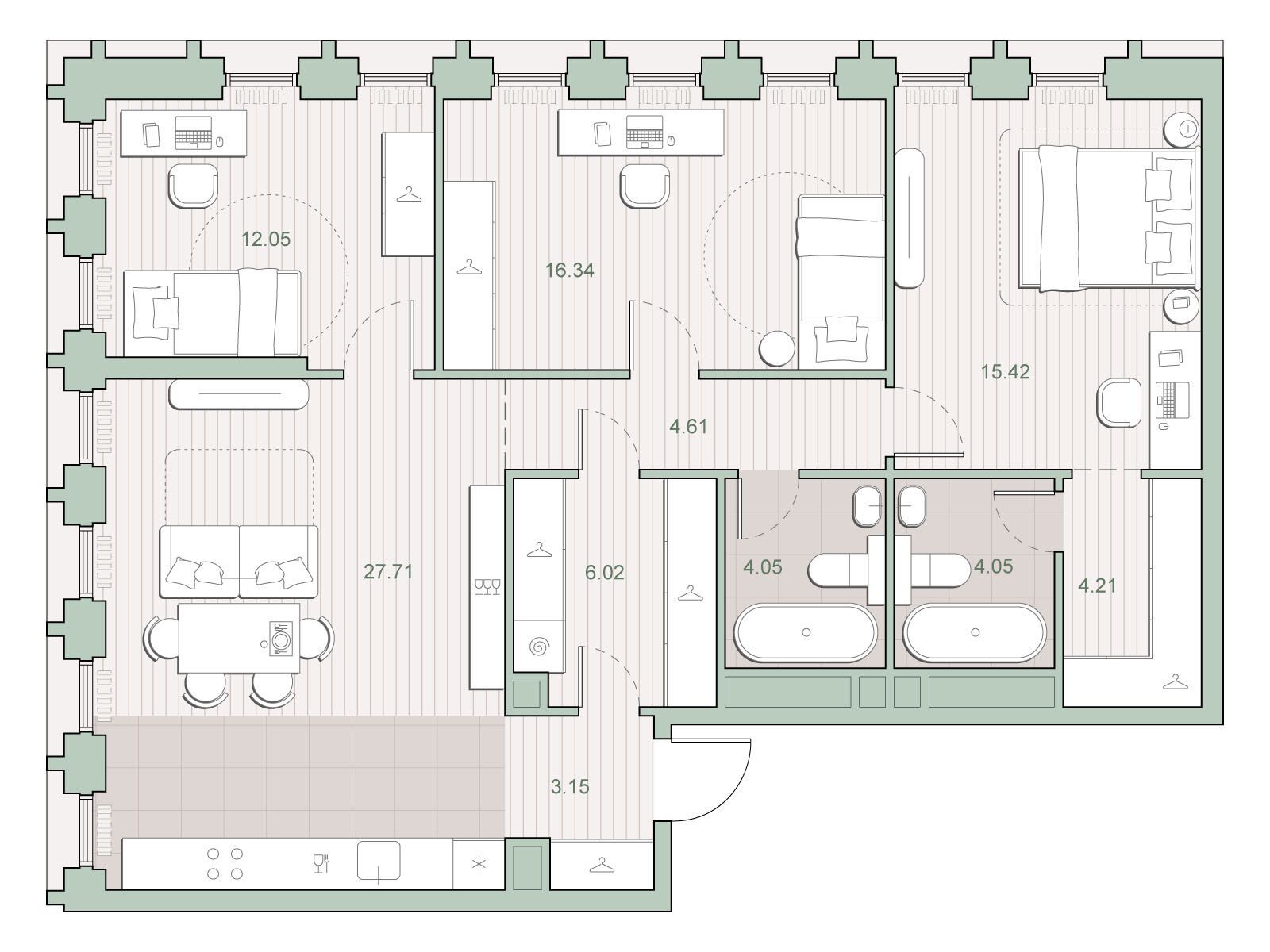 Планировка: 3-комн. квартира 97.61 м² в новостройке Среда на Кутузовском