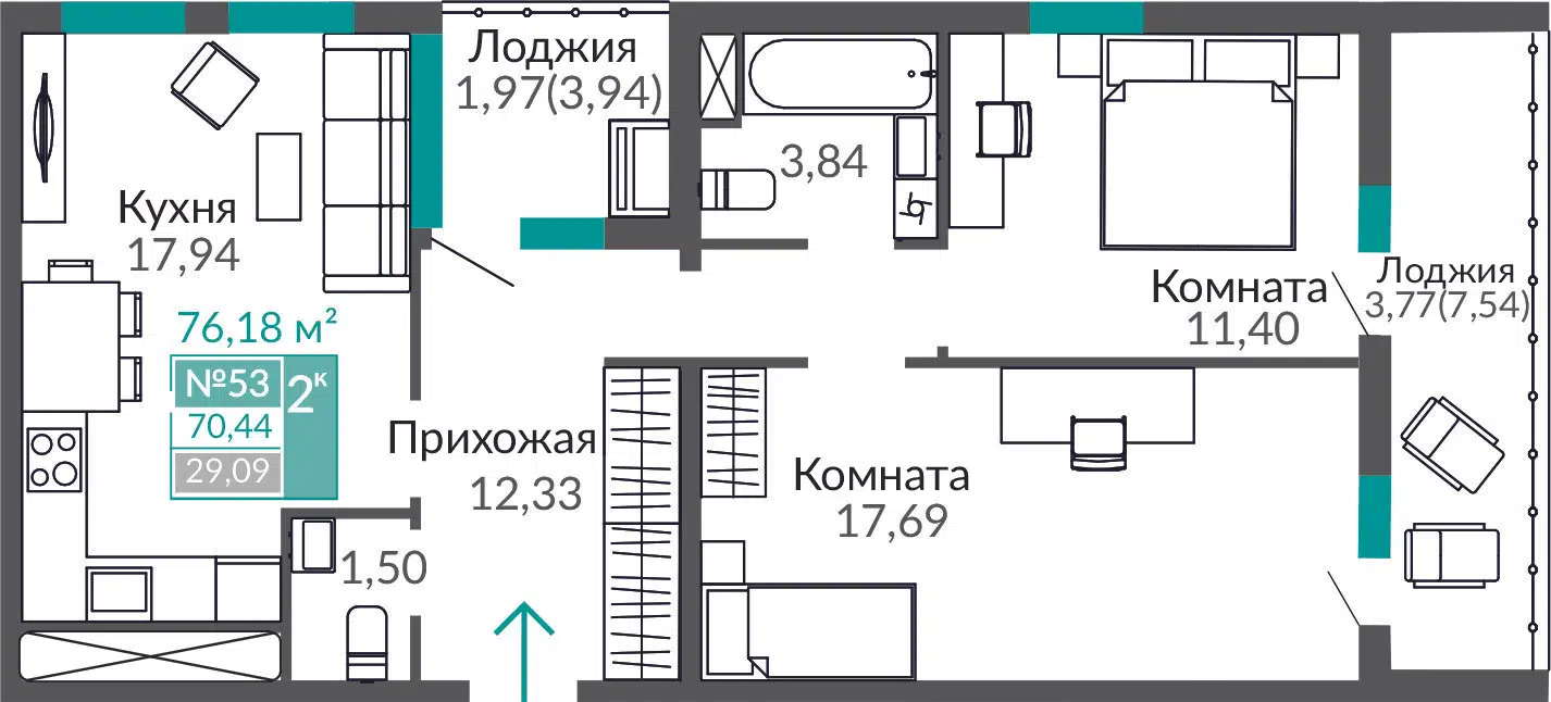 Планировка: 2-комн. квартира 70.44 м² в новостройке ЖК Горизонты-3