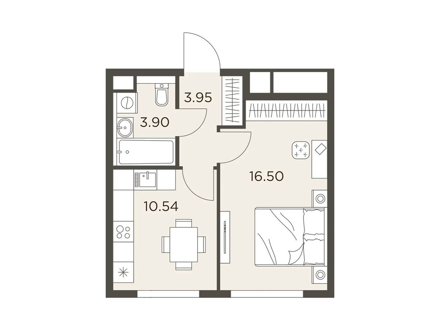 Планировка: 1-комн. квартира 34.89 м² в новостройке Одинград