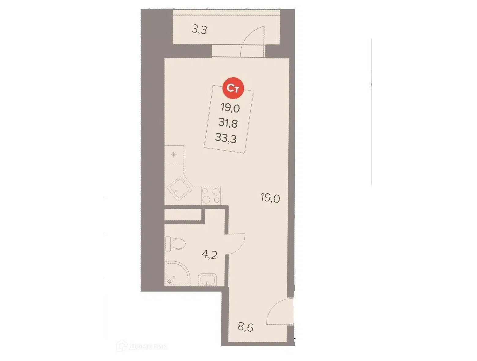 Планировка: Студия 33.80 м² в новостройке Отлично