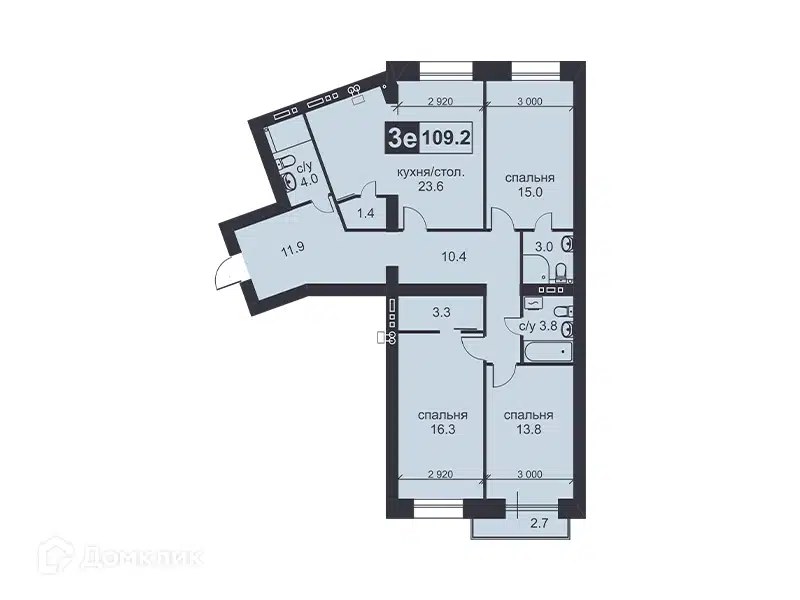 Планировка: 3-комн. квартира 109.20 м² в новостройке Михайловский
