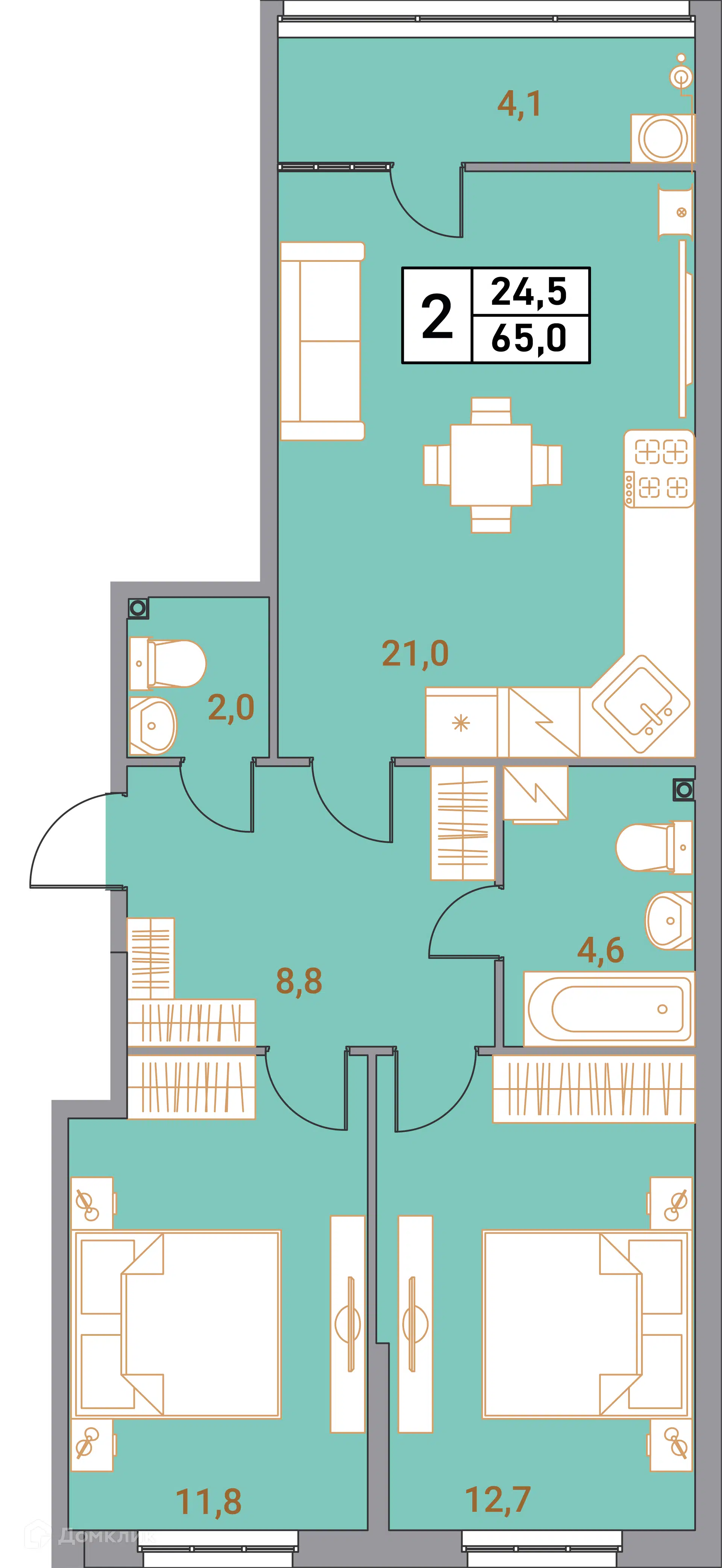 Планировка: 3-комн. квартира 65.00 м² в новостройке Фруктовый сад