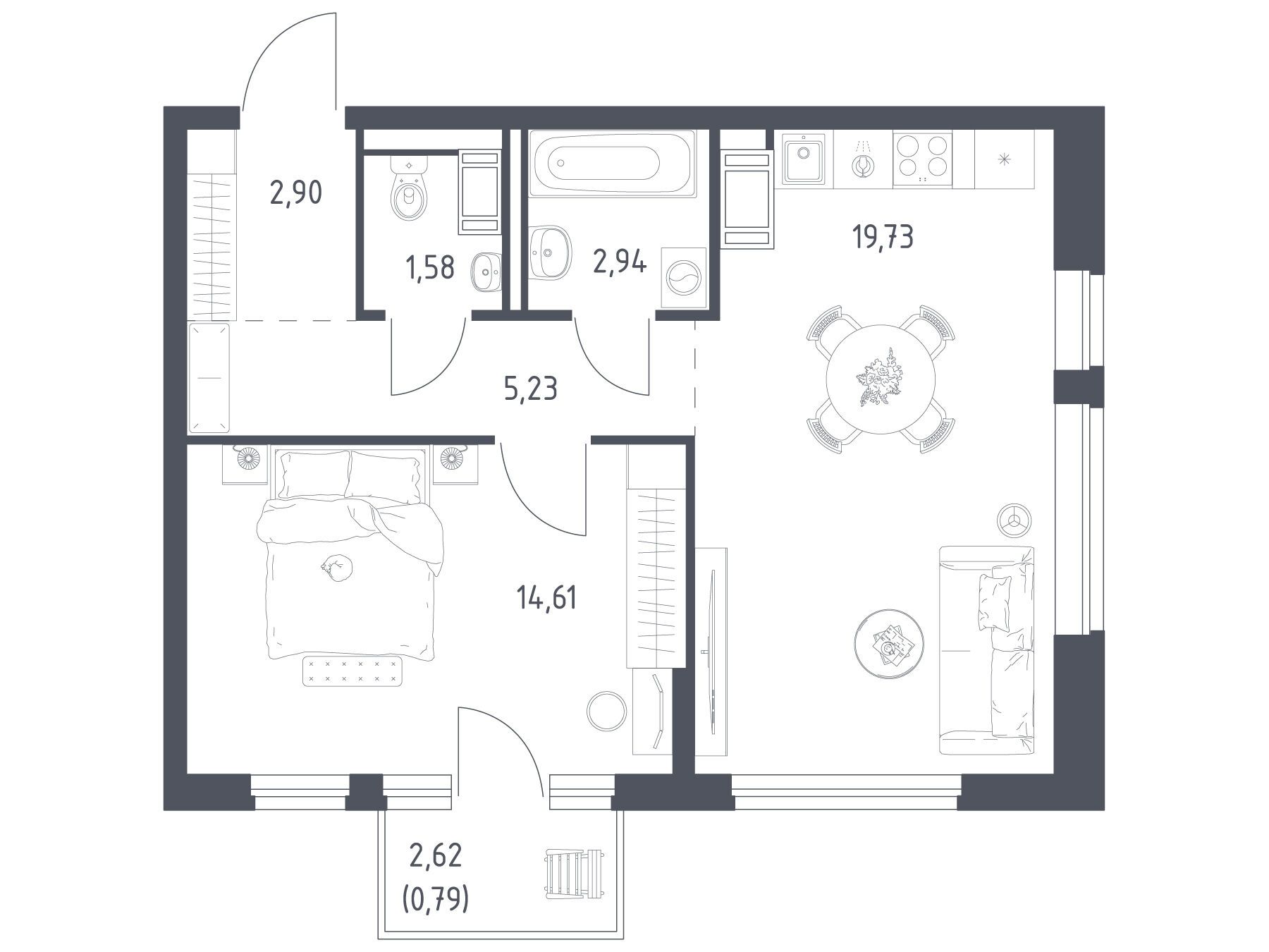 Планировка: 1-комн. квартира 47.78 м² в новостройке Новое Колпино