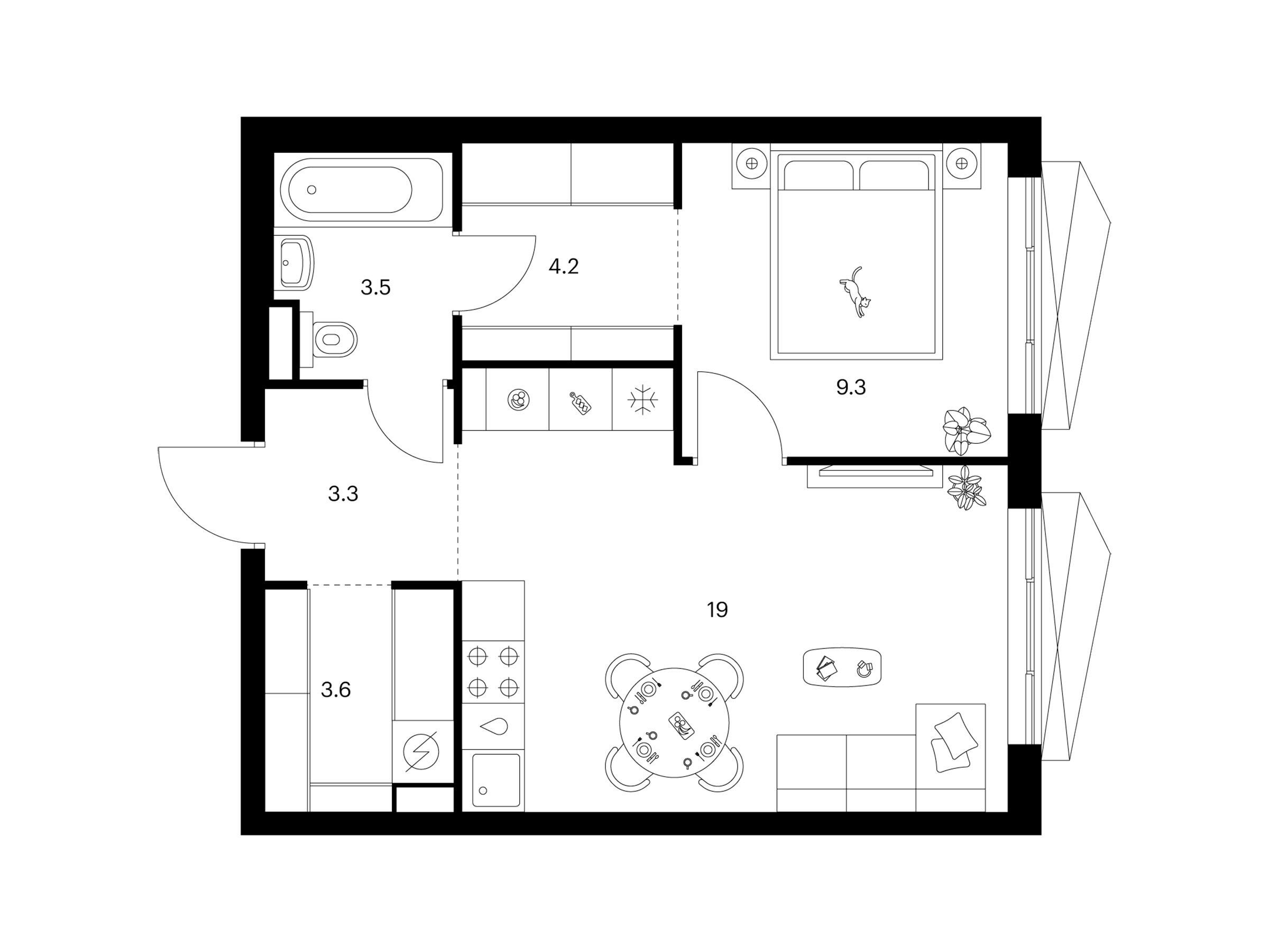Планировка: 1-комн. квартира 42.90 м² в новостройке Нарвин