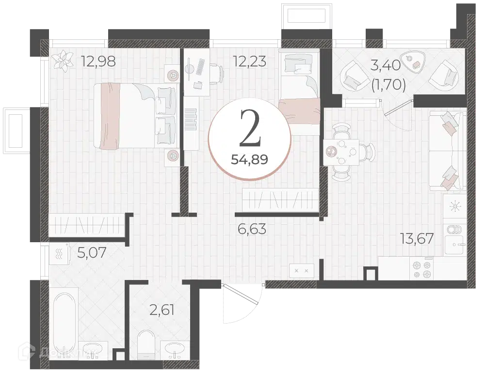 Планировка: 2-комн. квартира 54.89 м² в новостройке Моренуар