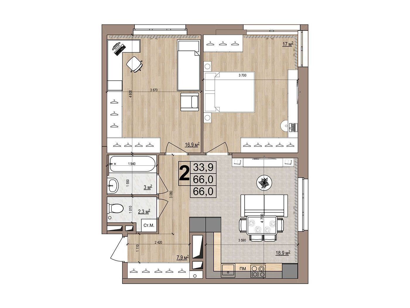 Планировка: 2-комн. квартира 66.00 м² в новостройке Гранд Комфорт