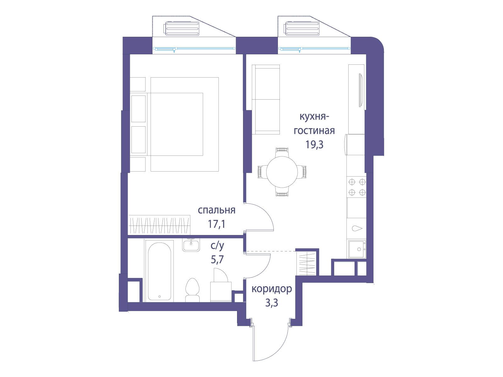 Планировка: 1-комн. квартира 45.40 м² в новостройке Символ