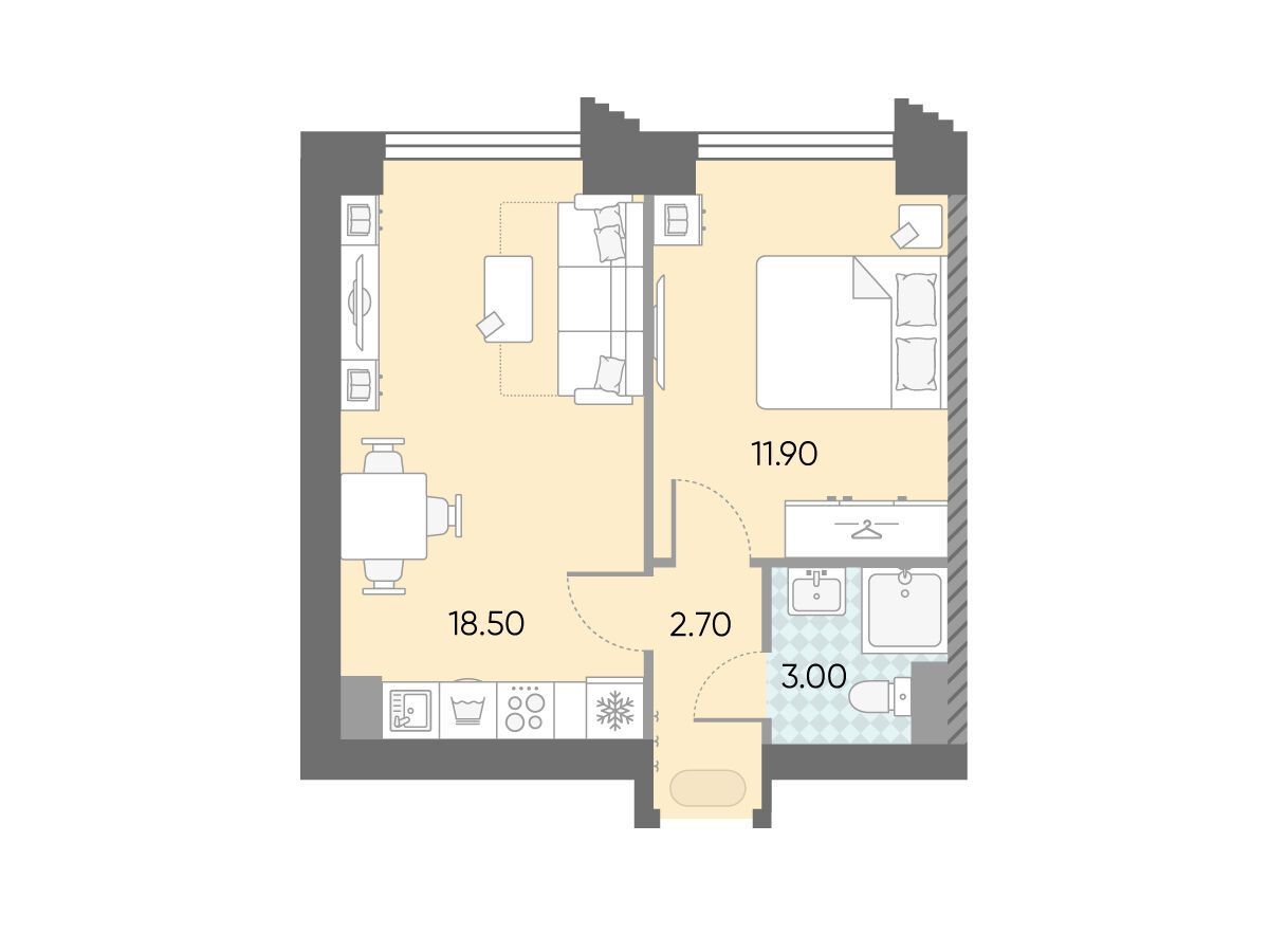 Планировка: 1-комн. квартира 36.10 м² в новостройке Обручева 30